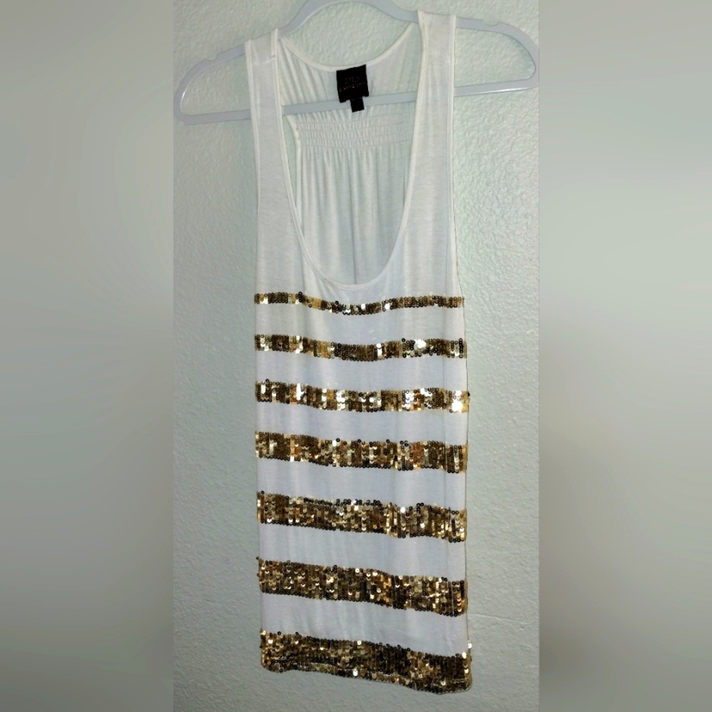 2b bebe White with Gold Sequin Striped Tank Top ~ Size XL